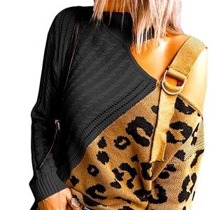 Womens Long Sleeve Cold Shoulder Turtleneck Knit Sweater